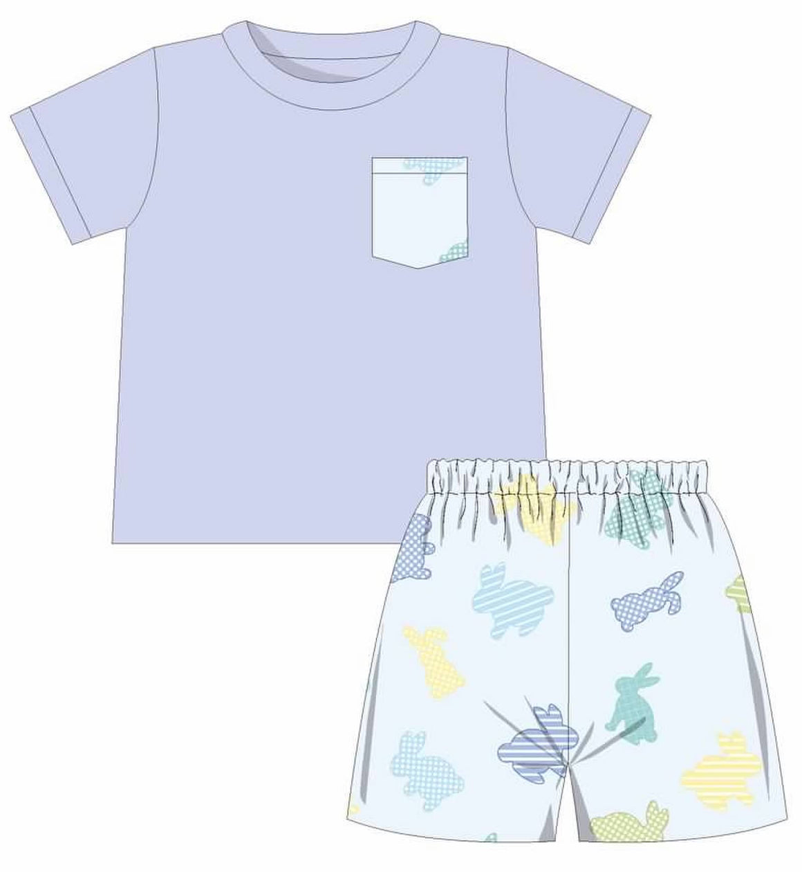 Boy Short Sleeve Lt Blue Tshirt w/Bunny Pocket with Regular Bunny Shorts