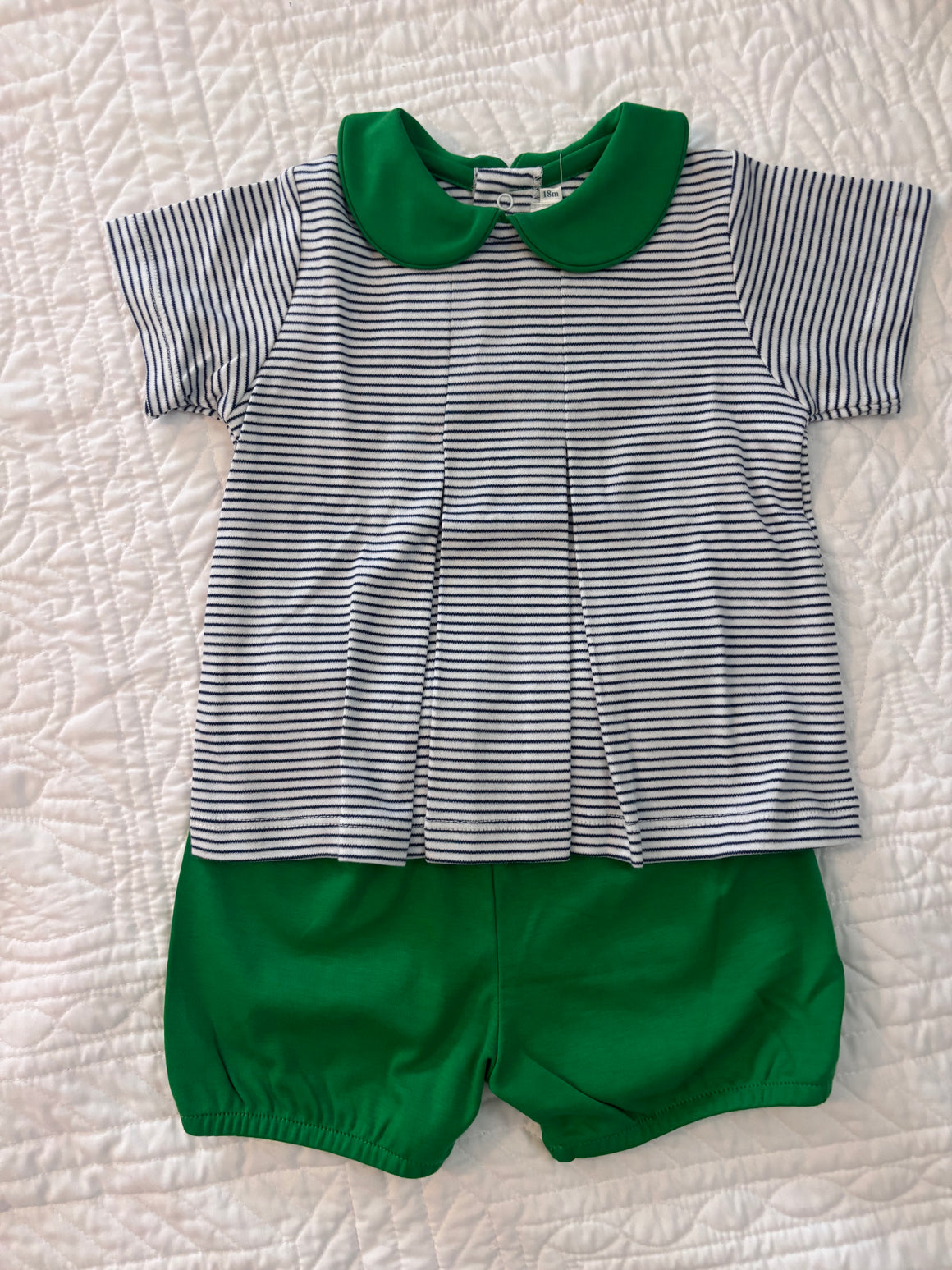 Pima Navy Stripe Boy Short Sleeve Top with Green Shorts