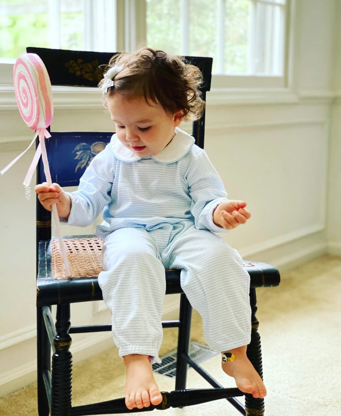 Pima Blue/White Stripe Boy Long Romper